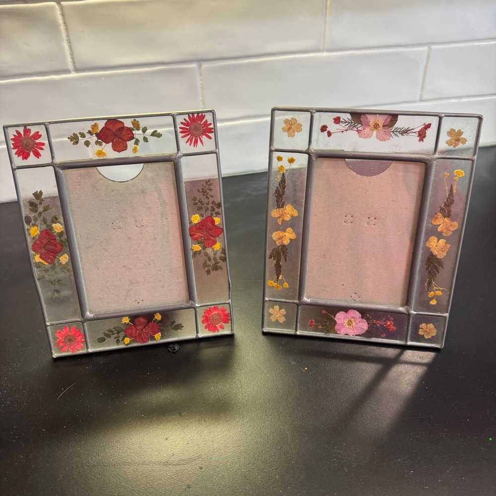 Pressed Flower Stained Glass Picture Frames Set of 2 Multicolor Floral 3x2.5